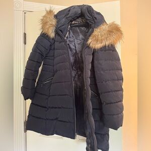Laundry By Shelli Segal Navy Puffer Coat with Faux Fur Trim
